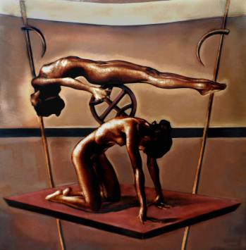 Figures with wheel, 54x54 inches, oil on canvas, 2006